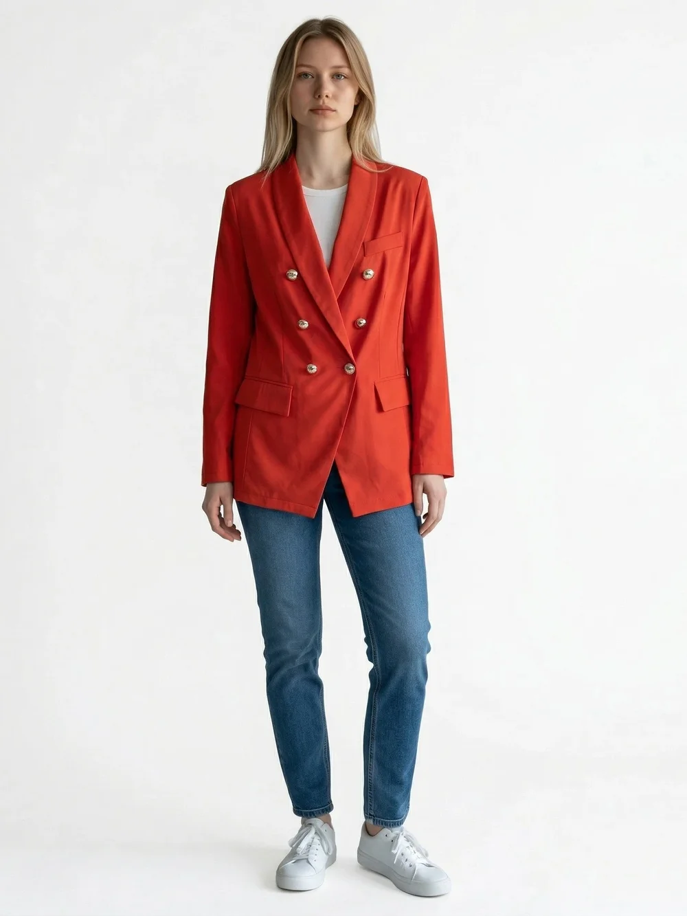 Tailored Double-Breasted Orange Blazer with Gold Buttons